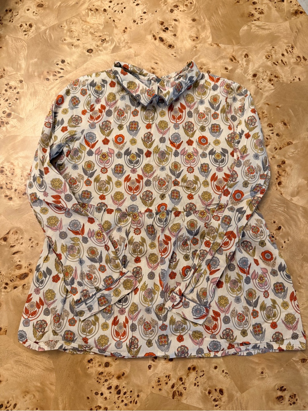 Bonpoint White Floral Collared Long-Sleeve Top with Orange, Blue, Green Accents